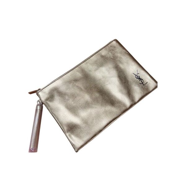 YSL YVES SAINT LAURENT BEAUTE FLAT POUCH GOLD MAKE UP COSMETICS BAG CLUTCH PURSE - Picture 9 of 9